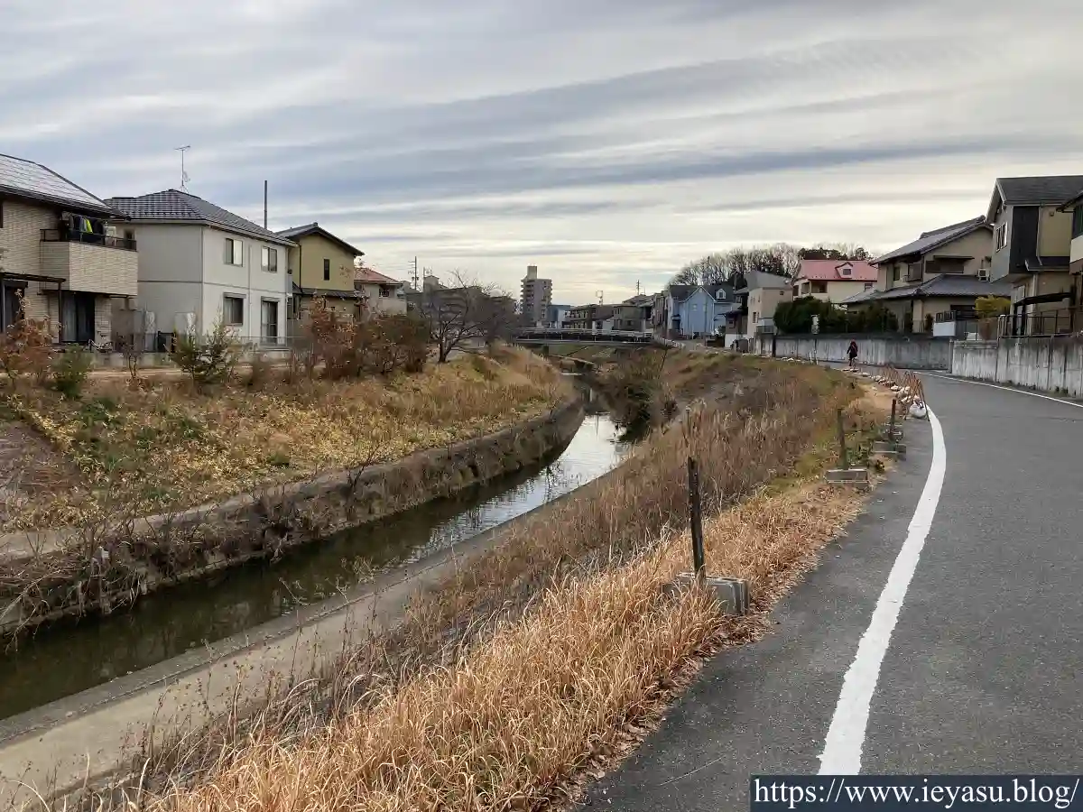 堀秀政陣跡付近の香流川から見える御旗山